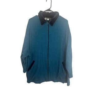 3X Blast Vintage Teal Herringbone Zip Up Jacket Black Velvet Trim Eclectic Funky